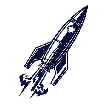 Retro style illustration of a rocket ship launching into the space above vector