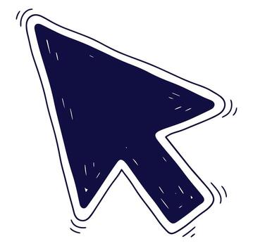 Hand-drawn navy blue cursor arrow pointing direction on white background isolated for use vector