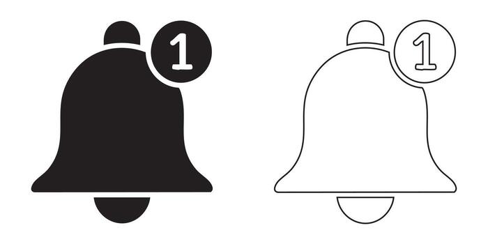 Icon set of notification bell with an alert badge. Black solid and outline version for UI, app, and web design. vector