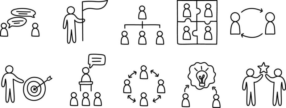Hand-drawn icons depicting essential concepts of teamwork, vector