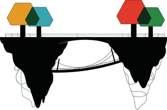 Surreal floating islands connected by a bridge with colorful trees silhouette vector