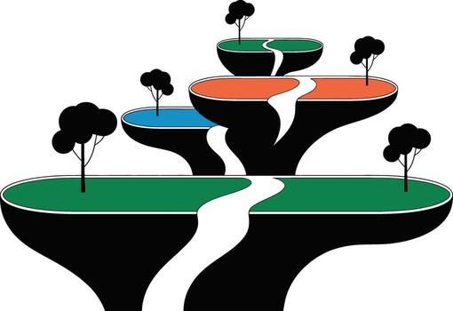 Surreal floating islands with trees and winding paths silhouette vector