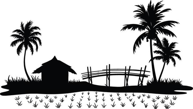 Tropical island silhouette with hut bridge palm trees and colorful buttons vector