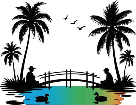 Tranquil tropical scene with palm trees bridge ducks and two figures silhouette vector