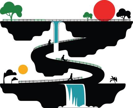 Surreal floating islands connected by a winding path and waterfalls silhouette vector