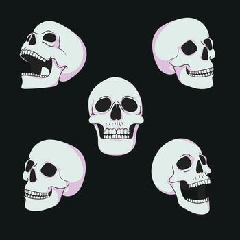 Repeating white skull motif with soft pink accents on black background, ideal for Halloween, apparel, and spooky decorative design projects. vector
