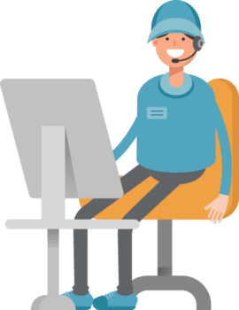 masculino operador com fone de ouvido personagem trabalhando em Área de Trabalho png