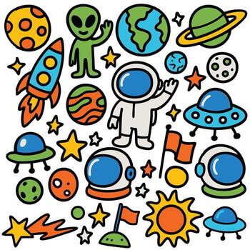 Astronaut alien rocket planet spaceship helmet flag sun star moon comet space vector