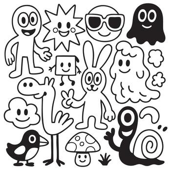 Isolated separated layered lineart outline cartoon characters with happy expressions and playful vector