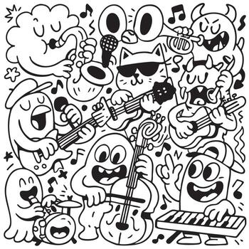 Isolated separated layered lineart outline cartoon band with musical instruments joyful vector