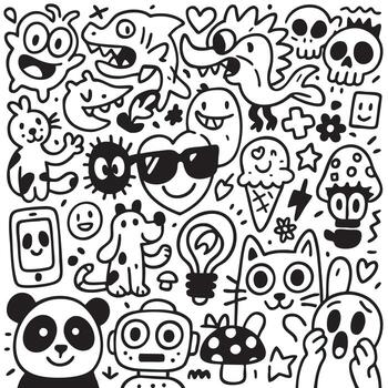 Isolated layered lineart outline of cute doodle animals objects and skulls separated playful vector