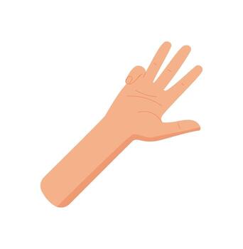 Flat style hand gesture with four fingers raised. Bare palm in a counting position showing the number four. Minimalist graphic ideal for math, education, and basic sign concepts. vector