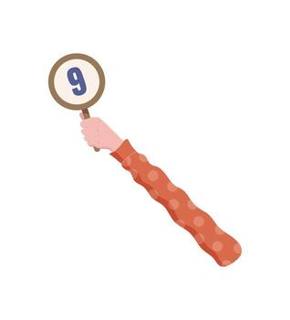 Cartoon hand holding circular nine rating icon. Arm displaying ranking circle with 9 for feedback or review. Customer satisfaction survey, evaluation, and service quality score. Isolated clean layout vector