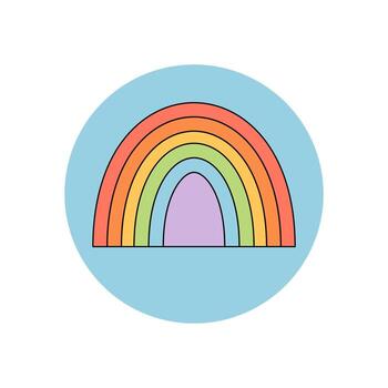 Groovy retro rainbow sticker lid in a circle shape with flat colorful style. Music seal and y2k package accent for pop or trendy product, brings playful element and creative vibe to branding. vector