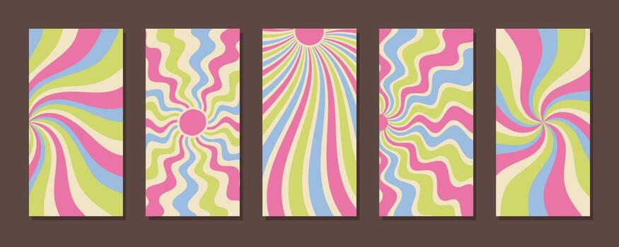 Groovy retro sun pattern in vertical pastel burst style set. Swirl and wavy lines form a sunshine y2k background. Groovy set with retro sun shapes, perfect for bold and modern abstract wallpaper. vector