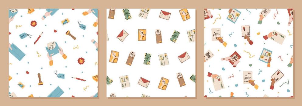 Seamless pattern flat mail set. Letter, envelope, postcard, stamp, note, message and hand mix with mail elements. Creative sheet, pattern, correspondence, open template concept, trendy stationery. vector