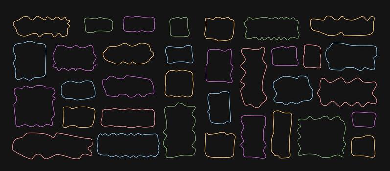 mano dibujado ondulado marco y burbuja formas en negro antecedentes crear un orgánico citar colocar. colección de garabatear contorno modelo y rectángulo bandera forma para moderno resumen nota, comentario o mensaje vector