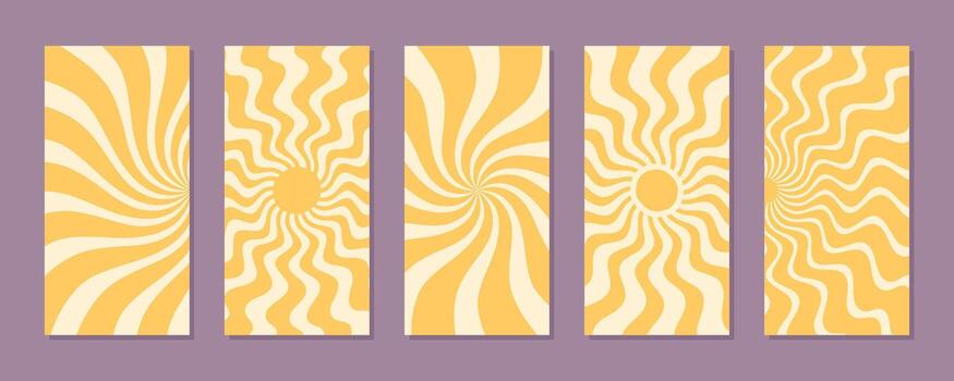 Groovy retro sun burst set with orange and yellow swirl wave shapes. Spiral sun and sunshine combine with a y2k background. Fun vertical format adds standout pop style trendy summer energy, perfect vector