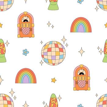 Groovy retro seamless disco music pattern with colorful jukebox, rainbow and star elements. Flower, party shapes and y2k graphic background create a vibrant visual for playful creative projects vector