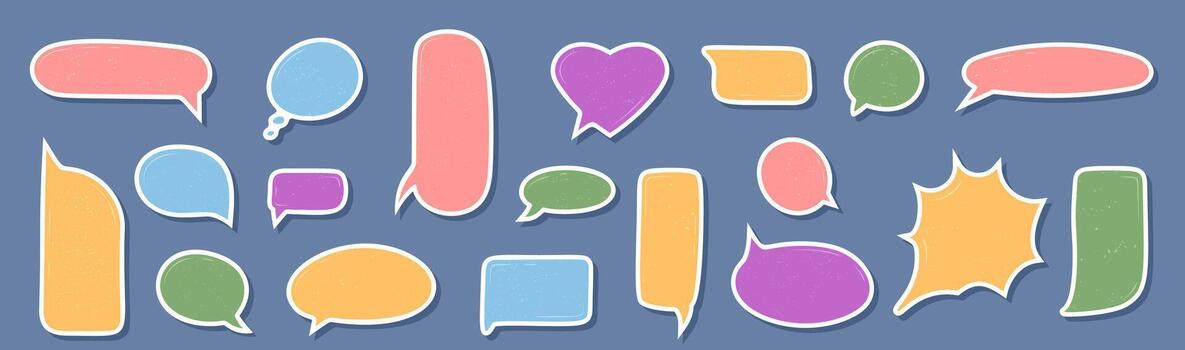 Grunge sticker speech bubble set with hand drawn organic cloud shapes in colorful chat style. Doodle circle and round elements add message and conversation focus, ideal for creative dialogue or vector