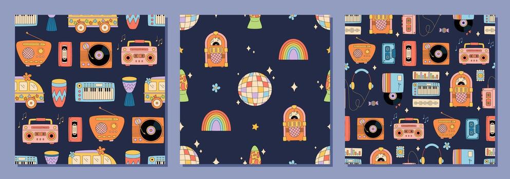 Groovy retro seamless music pattern with record, disco, cassette and boombox style as background set. Funky and colorful set with rainbow accent, y2k vintage look, stylish for pattern collection. vector