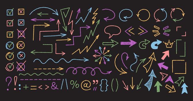 Crayon chalk arrow icon set and hand drawn symbol in blackboard style. Colorful check box, box, swirl and quote graphic, with font elements, create a vibrant collection for creative backgrounds. vector