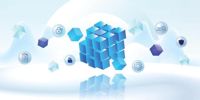 blockchain tecnología concepto con centralizado datos cubo y seguridad iconos digital red, criptomoneda, y futurista sistema resumen antecedentes. vector