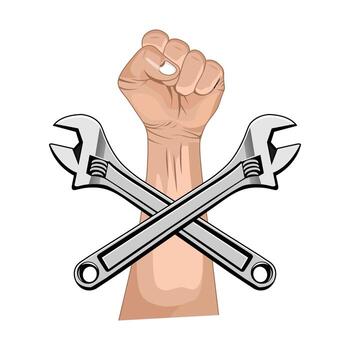 Two crossed wrenches with a fist in the middle vector