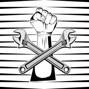 A fist with crossed wrenches and a black and white background vector