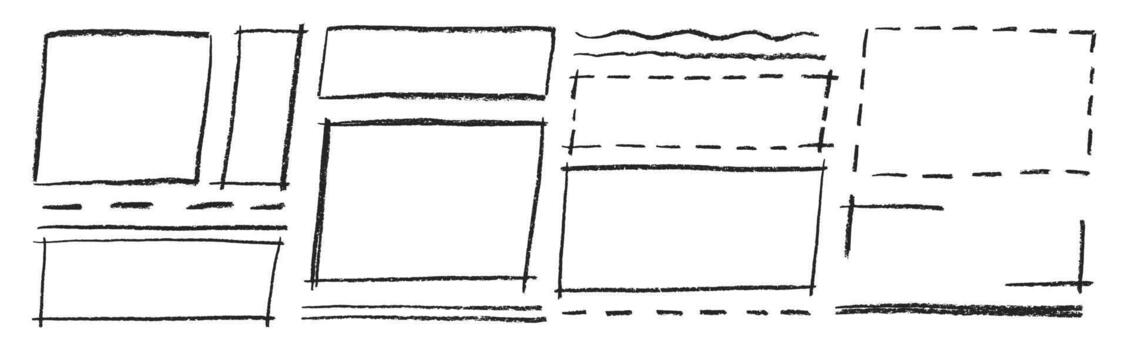 Hand drawn outlined rectangle frames with crayon or chalk texture. Wave and dashed underlines and highlights. illustration. vector