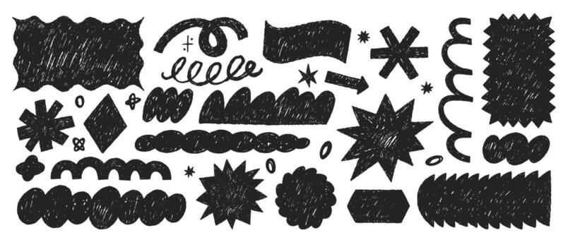 Scribble doodle shapes with crayon or chalk texture. Hand drawn stickers with geometric elements for collage or design use. illustration on a white background. vector