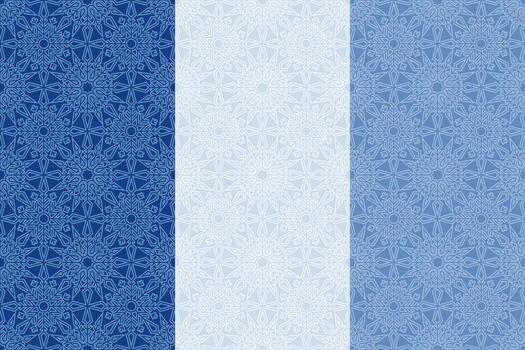 Set of blue geometric snowflake seamless patterns. Elegant ornamental background vector