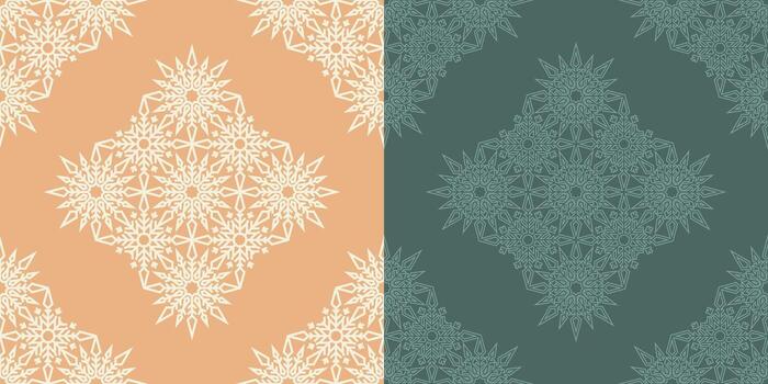 Elegant seamless pattern set with intricate geometric snowflake ornament. Decorative background vector