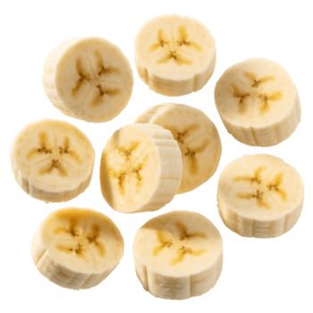 A high-resolution photograph of freshly sliced bananas, arranged in a circular pattern on a transparent background png