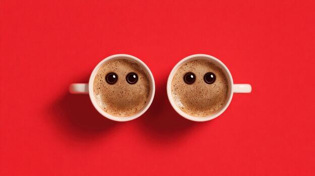 Creative flat lay of two coffee mugs with foam art and added eyes to create smiley faces on a bold red background. photo