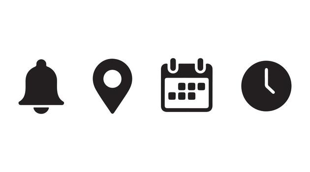 Location, time, calendar and notification bell icons set. Set of icons for web design vector