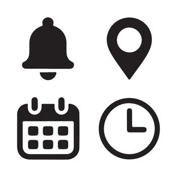 Location, time, calendar and notification bell icons set. Flat simple illustrations of pin, date, clock and bell. vector
