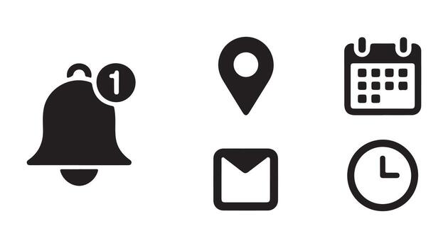 Location, time, calendar and notification bell icons set. Flat simple illustrations of pin, date, clock and bell. Set of icons for web design vector