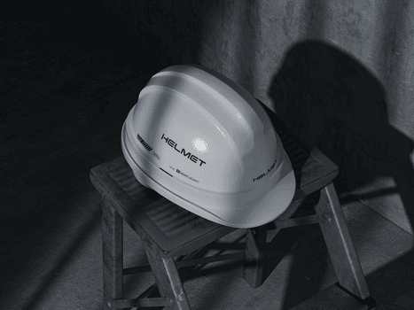 Weiß industriell Sicherheit schwer Hut auf Metall Schemel 3d Attrappe, Lehrmodell, Simulation psd