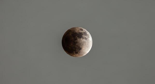 A partial lunar eclipse shows the moon with a shadowy bite taken out of it against a muted gray sky photo