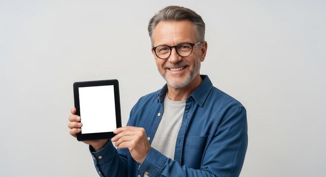 Senior man in glasses holding a blank tablet with a smile, showcasing a digital screen with copy space for your content photo
