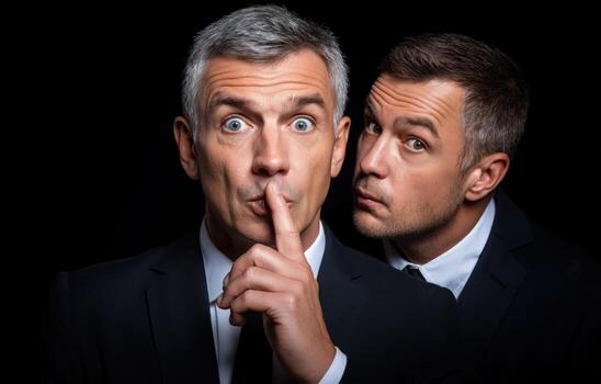 Mature businessman whispers to colleague in a dark setting, showcasing secrecy and intrigue photo