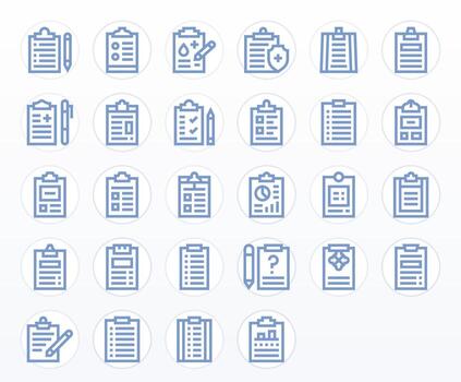 Clipboard Visual Pack containing 28 Bold Line Pixel Optimized Icons vector
