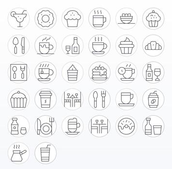 Cafe Icon Comprehensive Bundle with 32 Pixel Optimized Thin Line High Resolution Icons vector
