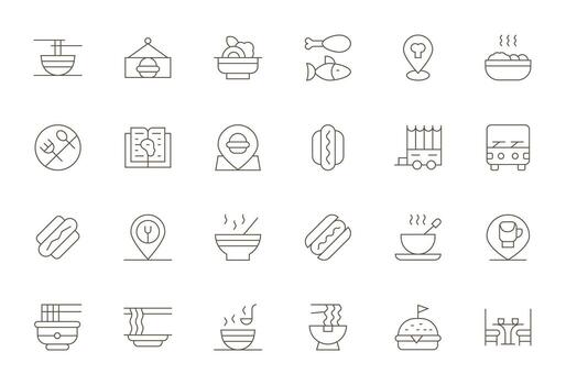 restaurante presentando 24 alto resolución íconos en Delgado línea diseño vector