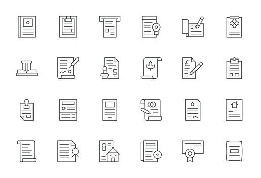 Legal Document Essential Set including 24 Pixel Optimized Thin Line High Resolution Icons vector