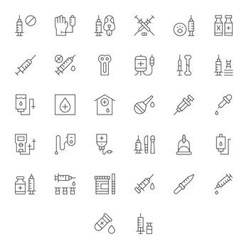 Injection Icon Collection featuring 32 Pixel Aligned High Resolution Thin Line Designs vector