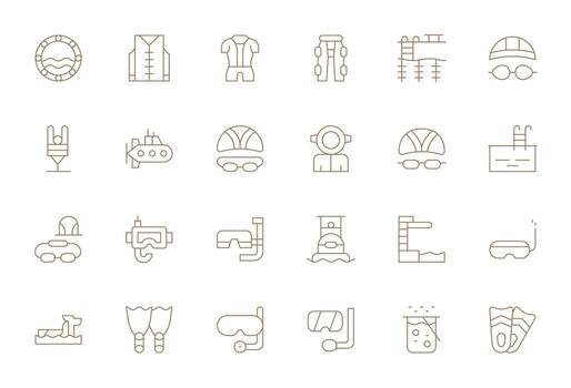 24 High Resolution Thin Line Icons for Diving with Grid Fitted precision vector