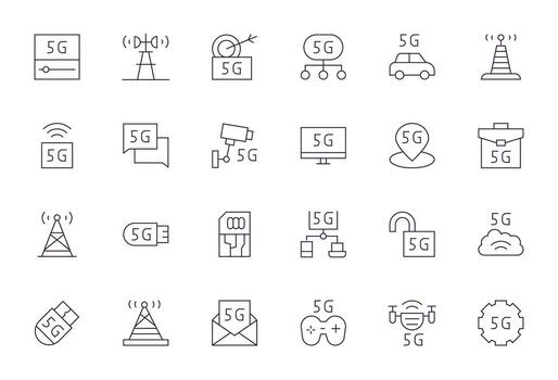 5G Scalable Set featuring 24 Pixel Optimized Thin Line High Resolution Icons vector