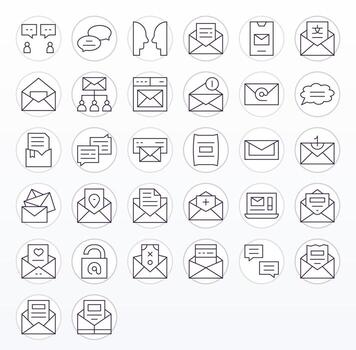 32 Thin Line Icons designed for Correspondence in 64x64 Grid Fitted format vector
